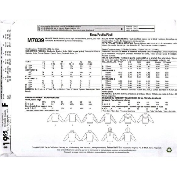 McCall's M7839 Misses XS to M Sweatshirt Tops and Hoodie Uncut Sewing Pattern - Picture 2 of 2